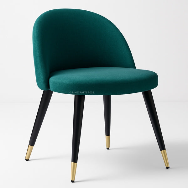 Green chair with black legs and gold foot caps on a white background