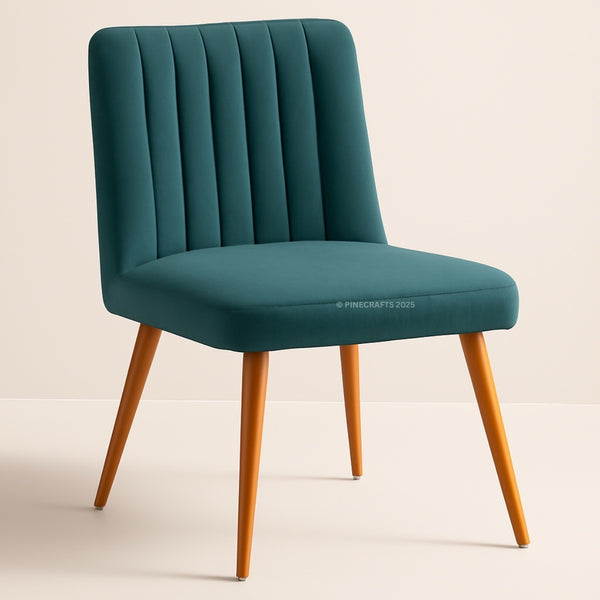 Teal chair with wooden legs on a beige background