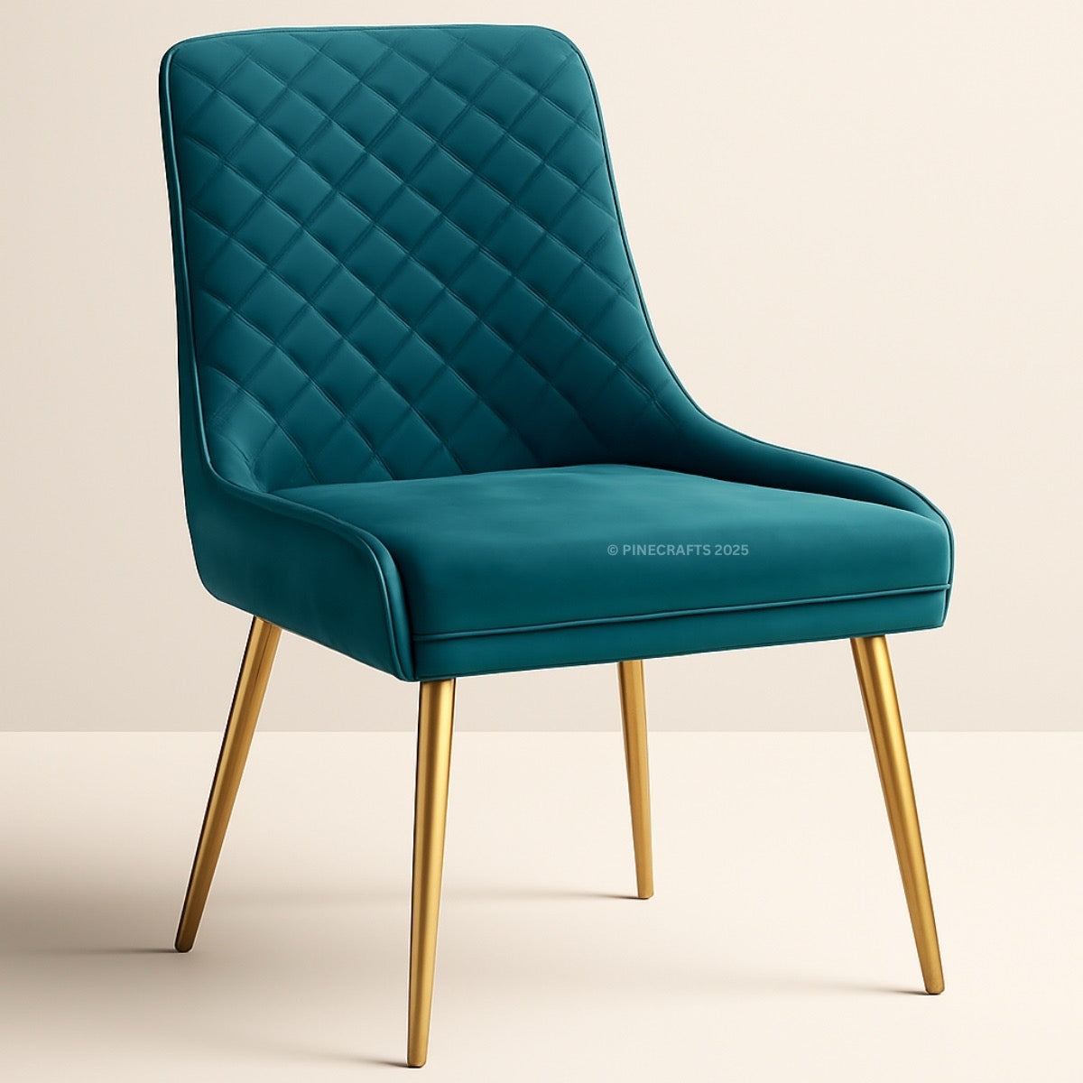 Teal chair with quilted design and gold legs on a beige background