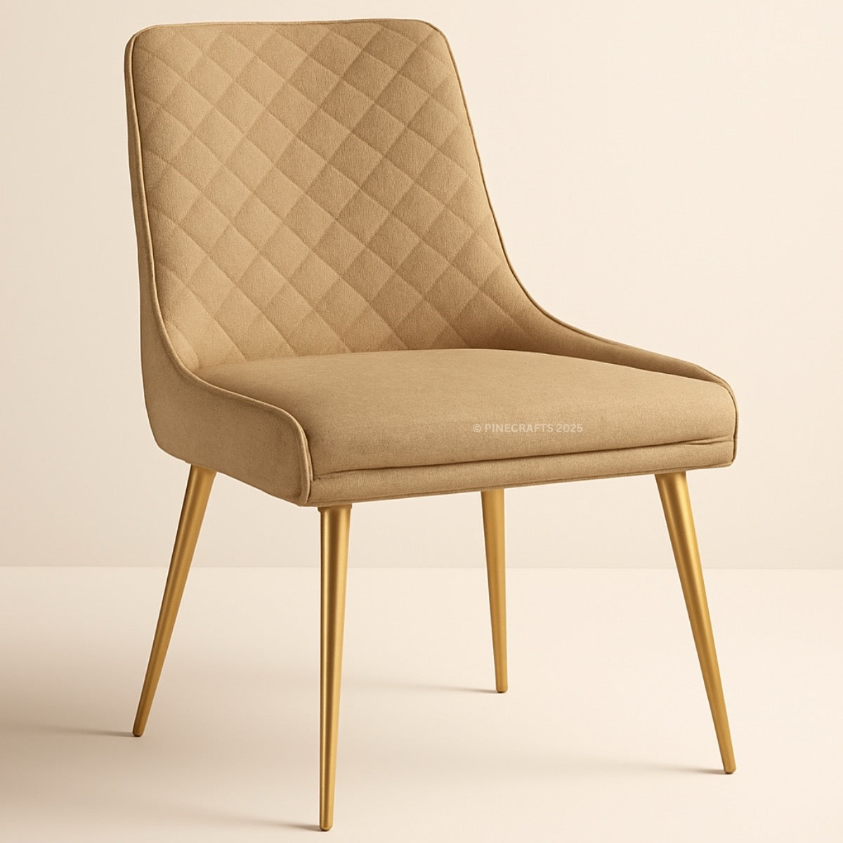 Beige quilted chair with gold legs on a beige background